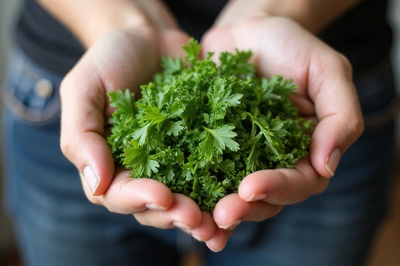 A hand gently holding a handful of fresh, vibrant herbs, symbolizing natural ingredients and care.