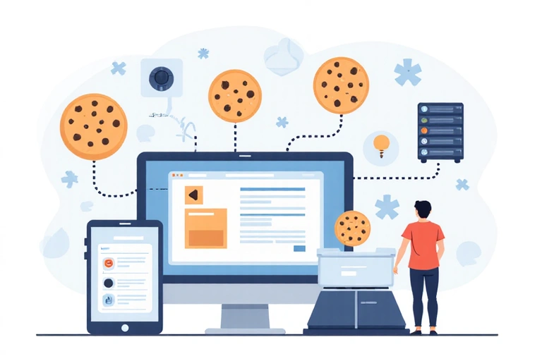 Abstract illustration of various types of cookies flowing between a web browser, server, and user device.