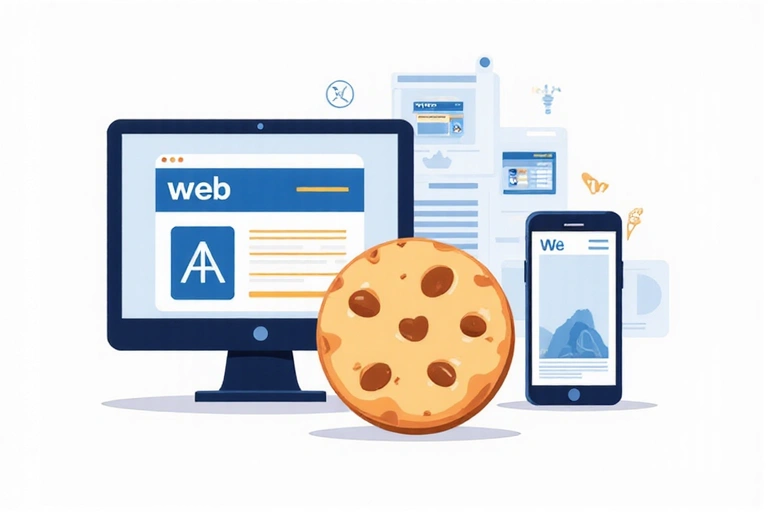 Illustration of a cookie icon with data flowing from a website to a computer.